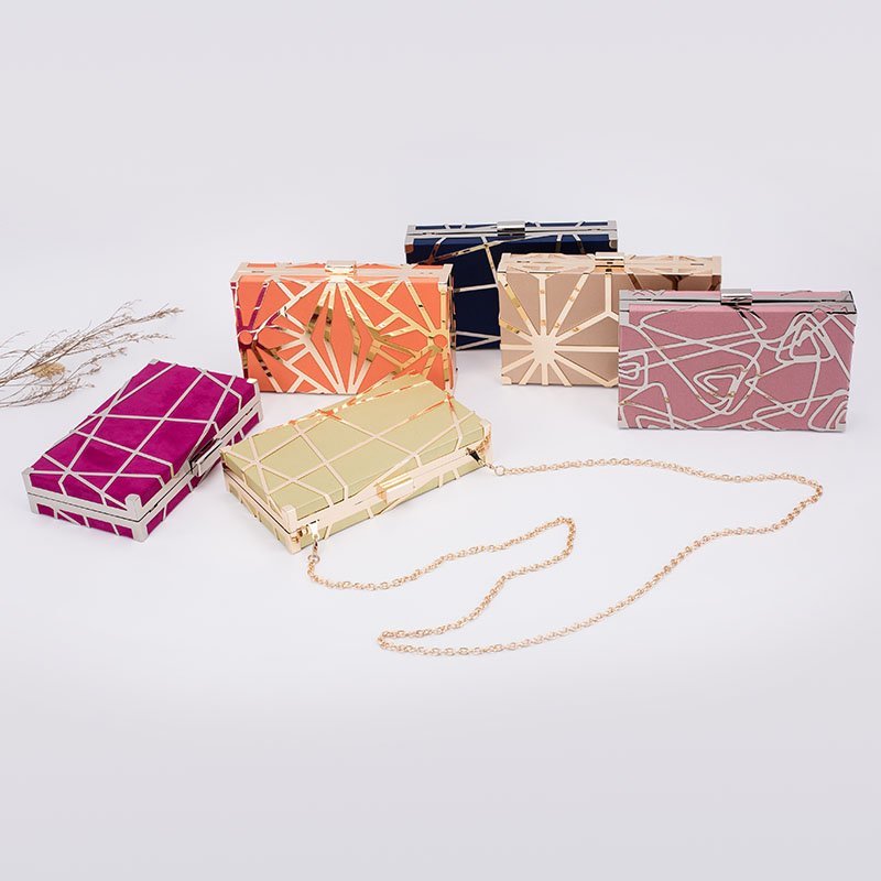 TOP-BEAUTY Arts & Crafts New Arrival 2018 Suede Laser Metal Frame Ladies Evening Clutch Wholesale Metal Box Evening Bags image4